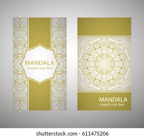 flyer, flyer, cover, pattern mandala. Oriental motif. Hand painted texture background. Set wedding invitations, postcards and business card templates. Decorative card design printing. Vector. EPS 10