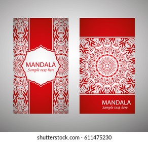 flyer, flyer, cover, pattern mandala. Oriental motif. Hand painted texture background. Set wedding invitations, postcards and business card templates. Decorative card design printing. Vector. EPS 10
