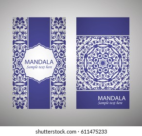 flyer, flyer, cover, pattern mandala. Oriental motif. Hand painted texture background. Set wedding invitations, postcards and business card templates. Decorative card design printing. Vector. EPS 10