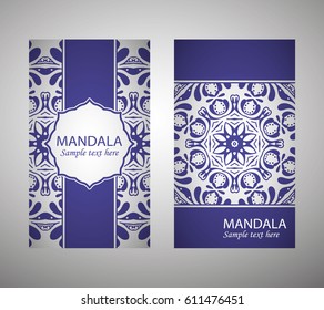 flyer, flyer, cover, pattern mandala. Oriental motif. Hand painted texture background. Set wedding invitations, postcards and business card templates. Decorative card design printing. Vector. EPS 10