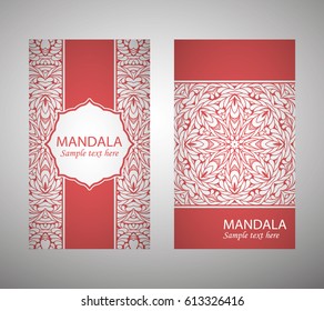 flyer, cover,  flyer, pattern mandala. Oriental motif. Hand painted texture background. Set wedding invitations, postcards and business card templates. Decorative card design printing. Vector, EPS 10