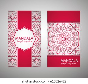 flyer, cover,  flyer, pattern mandala. Oriental motif. Hand painted texture background. Set wedding invitations, postcards and business card templates. Decorative card design printing. Vector, EPS 10