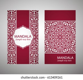 flyer, flyer, cover, pattern mandala. Oriental motif. Hand painted texture background. Set wedding invitations, postcards and business card templates. Decorative card design printing. Vector. EPS 10