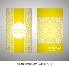 flyer, flyer, cover, pattern mandala. Oriental motif. Hand painted texture background. Set wedding invitations, postcards and business card templates. Decorative card design printing. Vector. EPS 10