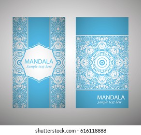 flyer, flyer, cover, pattern mandala. Oriental motif. Hand painted texture background. Set wedding invitations, postcards and business card templates. Decorative card design printing. Vector. EPS 10