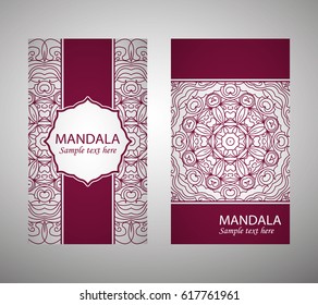 flyer, flyer, cover, pattern mandala. Oriental motif. Hand painted texture background. Set wedding invitations, postcards and business card templates. Decorative card design printing. Vector. EPS 10