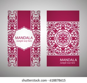 flyer, flyer, cover, pattern mandala. Oriental motif. Hand painted texture background. Set wedding invitations, postcards and business card templates. Decorative card design printing. Vector. EPS 10