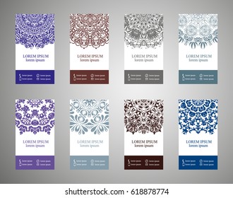 flyer, flyer, cover, pattern mandala. Oriental motif. Hand painted texture background. Set wedding invitations, postcards and openwork bombonerki. Decorative card design printing. Vector. EPS 10