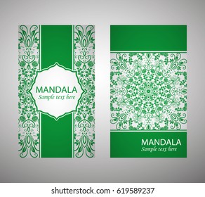 flyer, flyer, cover, pattern mandala. Oriental motif. Hand painted texture background. Set wedding invitations, postcards and business card templates. Decorative card design printing. Vector. EPS 10