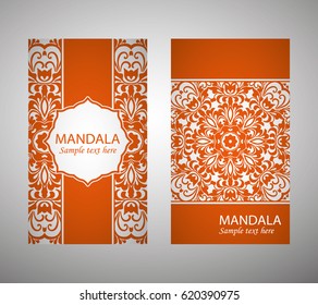 flyer, flyer, cover, pattern mandala. Oriental motif. Hand painted texture background. Set wedding invitations, postcards and business card templates. Decorative card design printing. Vector. EPS 10