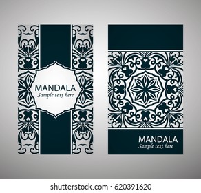 flyer, flyer, cover, pattern mandala. Oriental motif. Hand painted texture background. Set wedding invitations, postcards and business card templates. Decorative card design printing. Vector. EPS 10