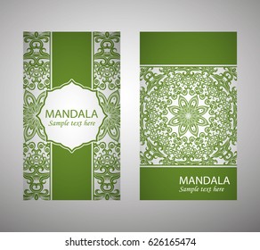 flyer, flyer, cover, pattern mandala. Oriental motif. Hand painted texture background. Set wedding invitations, postcards and business card templates. Decorative card design printing. Vector. EPS 10