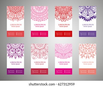 flyer, flyer, cover, pattern mandala. Oriental motif. Hand painted texture background. Set wedding invitations, postcards and openwork bombonerki. Decorative card design printing. Vector. EPS 10
