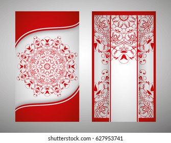 flyer, flyer, cover, pattern mandala. Oriental motif. Hand painted texture background. Set wedding invitations, postcards and business card templates. Decorative card design printing. Vector. EPS 10