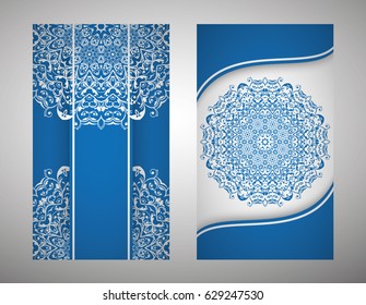 flyer, cover, pattern mandala. Oriental motif. Hand painted texture background. Set wedding invitations, postcards and business card templates. Decorative card design printing. Vector. EPS 10