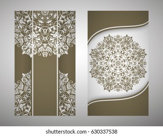 flyer, flyer, cover, pattern mandala. Oriental motif. Hand painted texture background. Set wedding invitations, postcards and business card templates. Decorative card design printing. Vector. EPS 10