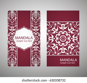 flyer, flyer, cover, pattern mandala. Oriental motif. Hand painted texture background. Set wedding invitations, postcards and business card templates. Decorative card design printing. Vector. EPS 10