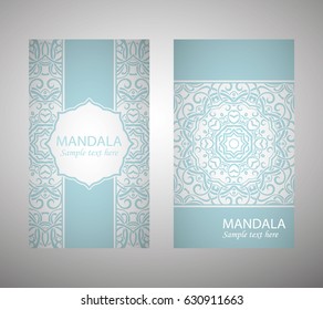 flyer, flyer, cover, pattern mandala. Oriental motif. Hand painted texture background. Set wedding invitations, postcards and business card templates. Decorative card design printing. Vector. EPS 10
