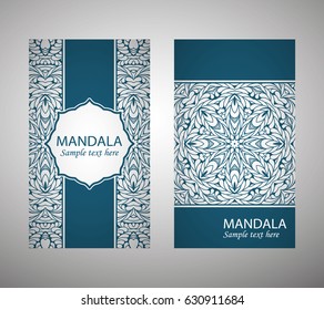 flyer, flyer, cover, pattern mandala. Oriental motif. Hand painted texture background. Set wedding invitations, postcards and business card templates. Decorative card design printing. Vector. EPS 10