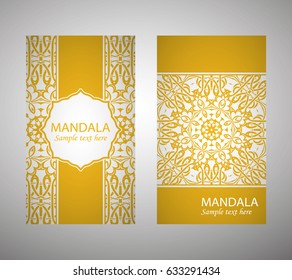 flyer, flyer, cover, pattern mandala. Oriental motif. Hand painted texture background. Set wedding invitations, postcards and business card templates. Decorative card design printing. Vector. EPS 10