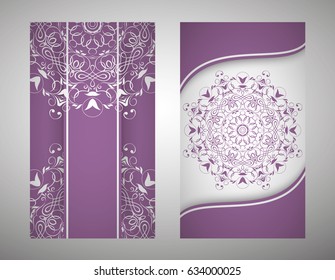 flyer, flyer, cover, pattern mandala. Oriental motif. Hand painted texture background. Set wedding invitations, postcards and business card templates. Decorative card design printing. Vector. EPS 10