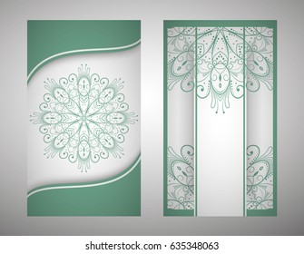 flyer, flyer, cover, pattern mandala. Oriental motif. Hand painted texture background. Set wedding invitations, postcards and business card templates. Decorative card design printing. Vector. EPS 10