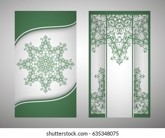flyer, flyer, cover, pattern mandala. Oriental motif. Hand painted texture background. Set wedding invitations, postcards and business card templates. Decorative card design printing. Vector. EPS 10