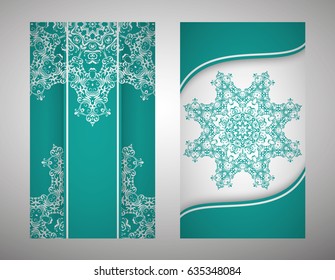 flyer, flyer, cover, pattern mandala. Oriental motif. Hand painted texture background. Set wedding invitations, postcards and business card templates. Decorative card design printing. Vector. EPS 10