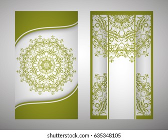 flyer, flyer, cover, pattern mandala. Oriental motif. Hand painted texture background. Set wedding invitations, postcards and business card templates. Decorative card design printing. Vector. EPS 10