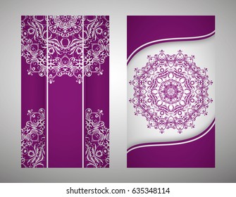 flyer, flyer, cover, pattern mandala. Oriental motif. Hand painted texture background. Set wedding invitations, postcards and business card templates. Decorative card design printing. Vector. EPS 10