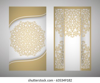 flyer, flyer, cover, pattern mandala. Oriental motif. Hand painted texture background. Set wedding invitations, postcards and business card templates. Decorative card design printing. Vector. EPS 10