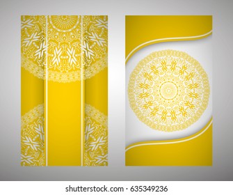 flyer, flyer, cover, pattern mandala. Oriental motif. Hand painted texture background. Set wedding invitations, postcards and business card templates. Decorative card design printing. Vector. EPS 10