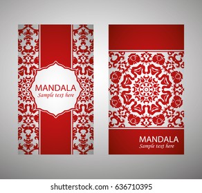 flyer, flyer, cover, pattern mandala. Oriental motif. Hand painted texture background. Set wedding invitations, postcards and business card templates. Decorative card design printing. Vector. EPS 10