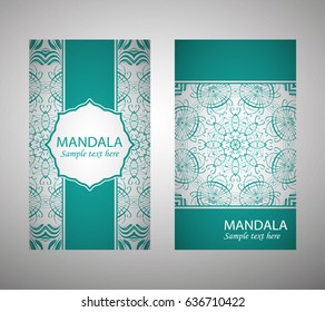 flyer, flyer, cover, pattern mandala. Oriental motif. Hand painted texture background. Set wedding invitations, postcards and business card templates. Decorative card design printing. Vector. EPS 10