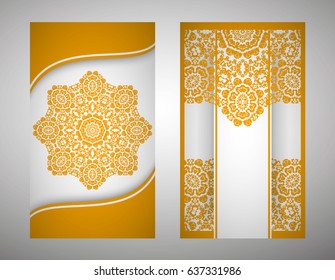 flyer, flyer, cover, pattern mandala. Oriental motif. Hand painted texture background. Set wedding invitations, postcards and business card templates. Decorative card design printing. Vector. EPS 10