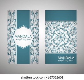 flyer, flyer, cover, pattern mandala. Oriental motif. Hand painted texture background. Set wedding invitations, postcards and business card templates. Decorative card design printing. Vector. EPS 10