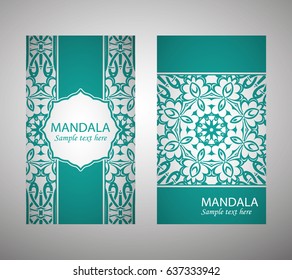 flyer, flyer, cover, pattern mandala. Oriental motif. Hand painted texture background. Set wedding invitations, postcards and business card templates. Decorative card design printing. Vector. EPS 10