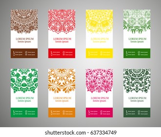 flyer, flyer, cover, pattern mandala. Oriental motif. Hand painted texture background. Set wedding invitations, postcards and openwork bombonerki. Decorative card design printing. Vector. EPS 10