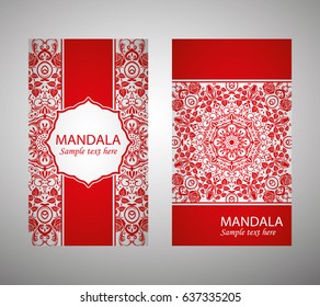 flyer, flyer, cover, pattern mandala. Oriental motif. Hand painted texture background. Set wedding invitations, postcards and business card templates. Decorative card design printing. Vector. EPS 10