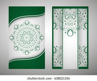 flyer, flyer, cover, pattern mandala. Oriental motif. Hand painted texture background. Wedding invitations, postcards and business card templates. Decorative card design printing. Vector. EPS 10