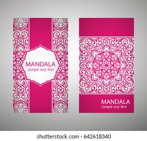 flyer, flyer, cover, pattern mandala. Oriental motif. Hand painted texture background. Set wedding invitations, postcards and business card templates. Decorative card design printing. Vector. EPS 10