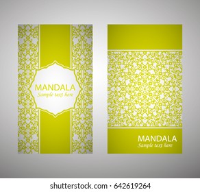 flyer, flyer, cover, pattern mandala. Oriental motif. Hand painted texture background. Set wedding invitations, postcards and business card templates. Decorative card design printing. Vector. EPS 10