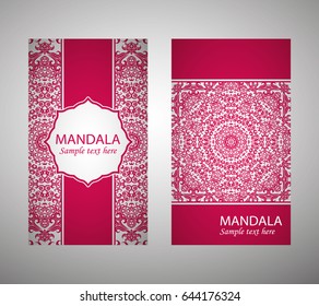 Flyer, cover, pattern mandala. Oriental motif. Hand painted texture background. Set wedding invitations, postcards and business card templates. Decorative card design printing. Vector. EPS 10