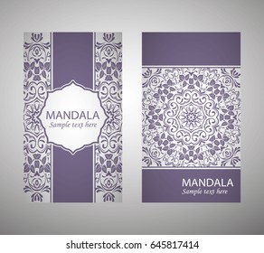 Flyer, cover, pattern mandala. Oriental motif. Hand painted texture background. Set wedding invitations, postcards and business card templates. Decorative card design printing. Vector. EPS 10