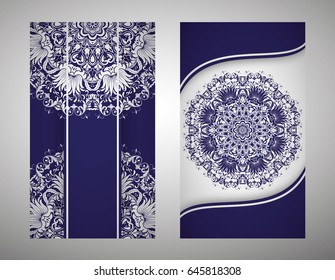 Flyer, cover, pattern mandala. Oriental motif. Hand painted texture background. Set wedding invitations, postcards and business card templates. Decorative card design printing. Vector. EPS 10