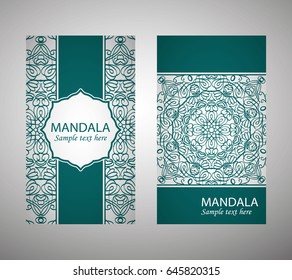 flyer, flyer, cover, pattern mandala. Oriental motif. Hand painted texture background. Set wedding invitations, postcards and business card templates. Decorative card design printing. Vector. EPS 10