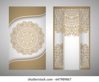A flyer, cover, pattern mandala. Oriental motif. Hand painted texture background. Set wedding invitations, postcards and business card templates. Decorative card design printing. Vector. EPS 10