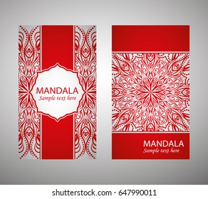 A flyer, cover, pattern mandala. Oriental motif. Hand painted texture background. Set wedding invitations, postcards and business card templates. Decorative card design printing. Vector. EPS 10