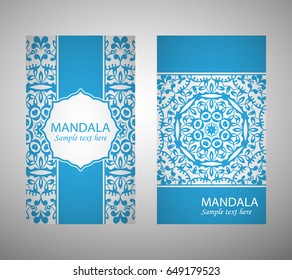 flyer, flyer, cover, pattern mandala. Oriental motif. Hand painted texture background. Set wedding invitations, postcards and business card templates. Decorative card design printing. Vector. EPS 10