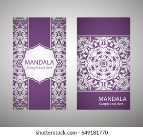 flyer, flyer, cover, pattern mandala. Oriental motif. Hand painted texture background. Set wedding invitations, postcards and business card templates. Decorative card design printing. Vector. EPS 10